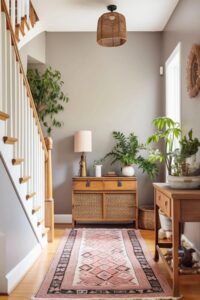 a hallway with taupe walls, cream banister, macrame wall hangings and an oak console table