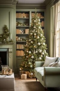 a sage green christmas tree with pink decor