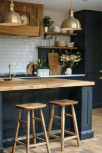 a dark blue kitchen with oak countertops