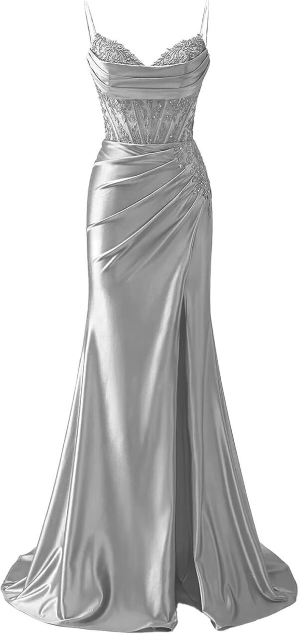 Prom Dress with Slit Corset Spaghetti Straps Lace Appliques Mermaid Long Pleated Formal Ball Gown