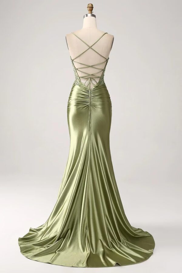 Women's Spaghetti Strap Sweetheart Prom Dresses with Slit Lace Applique Sequin Satin Mermaid Evening Gowns - Image 2
